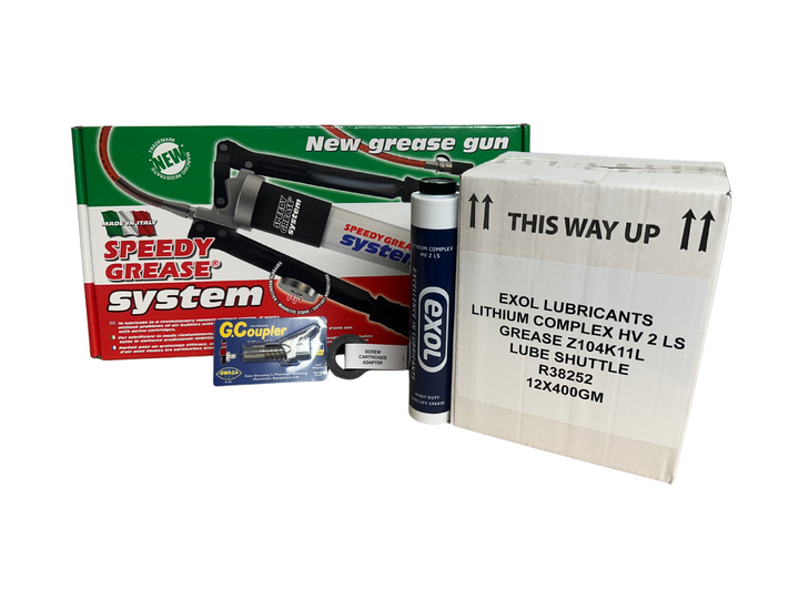 Special Offer - Speedy Grease Gun, G Coupler, Lubeshuttle Adaptor and Blue Complex Grease Cartridges (x12 Screw-in Type)