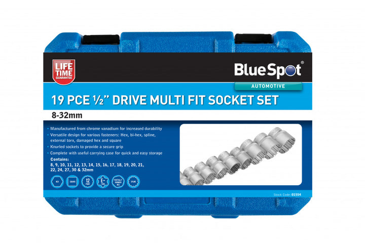 BlueSpot 19 PCE 1/2" Multi Fit Socket Set (8-32mm)