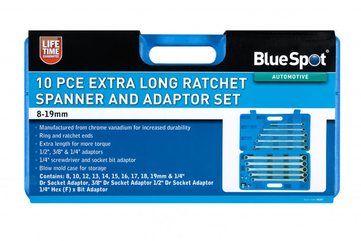 10 PCE Extra Long Ratchet Spanner and Adaptor Set (8-19mm)